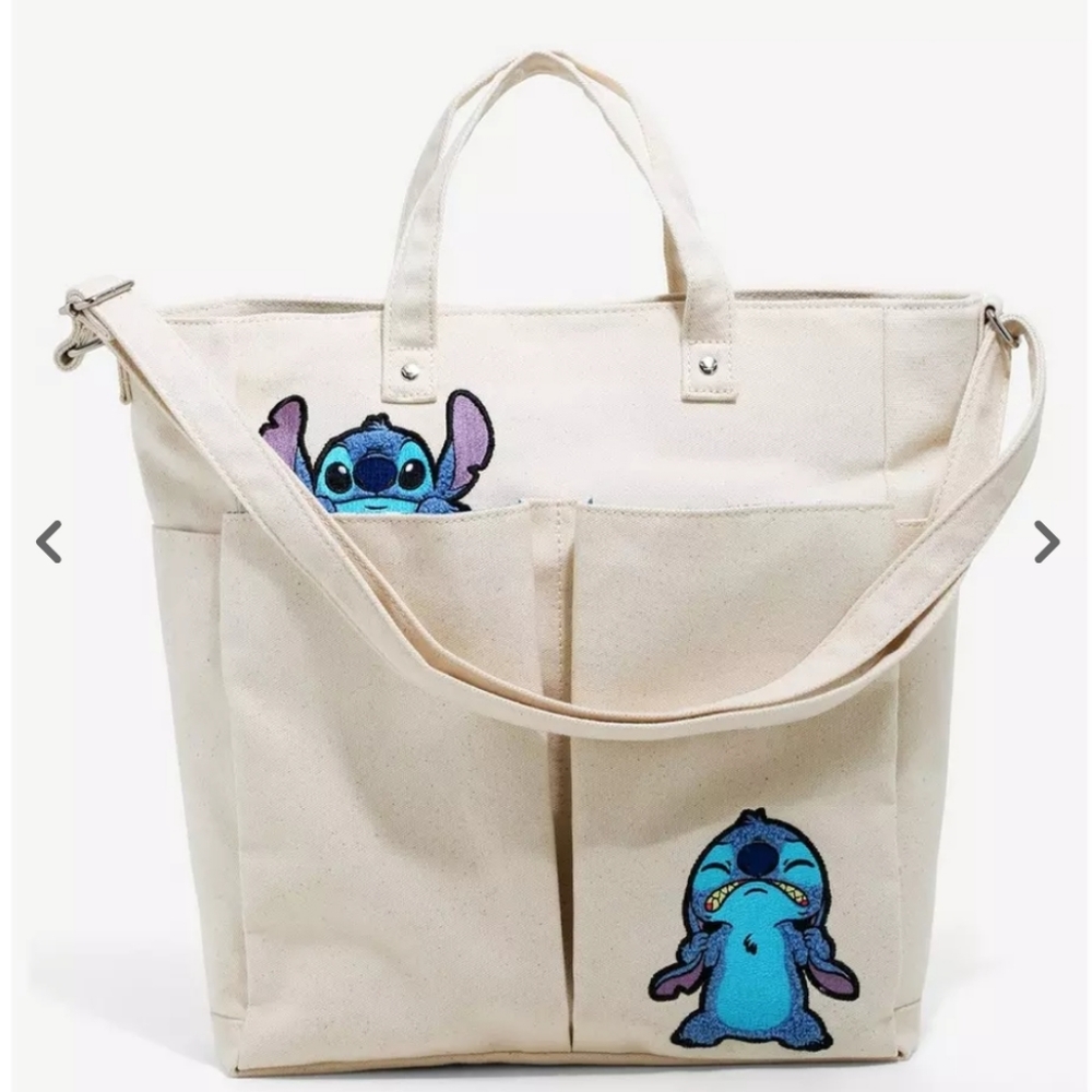 Loungefly Cream Canvas Tote with Blue Stitch Appliqués